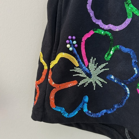 Queen Of Sparkles Short Black Outlined Hibiscus Embellished Sequin Sz XS - Picture 4 of 9